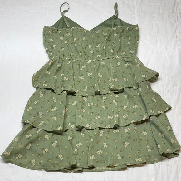 Cottagecore Sage Green Floral Tiered Ruffle Mini Babydoll Dress Coastal Cowgirl - Picture 11 of 13